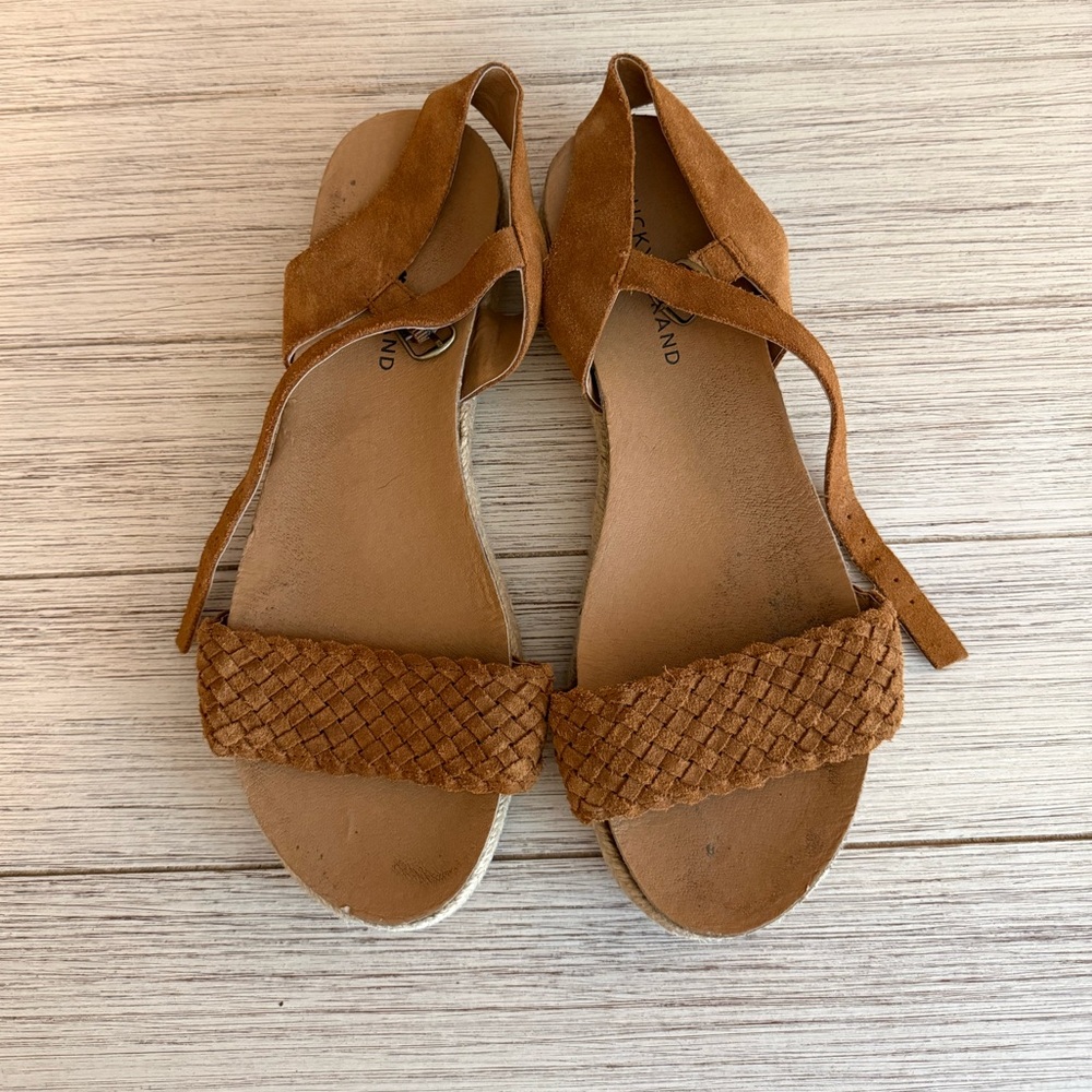 Lucky Brand Tan Woven-Strap Suede Sandals